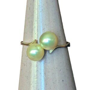 14K Gold Hawaiian Pearl Ring Custom Dainty Prong Bypass 2 Pearl Estate